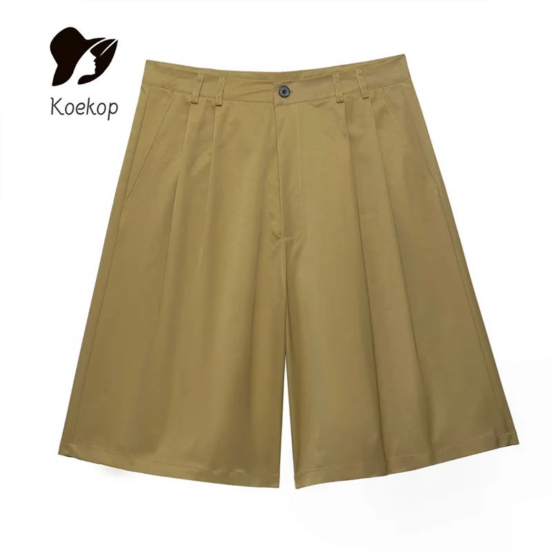 Koekop Women's Fashion Solid Color Lapel Pocket Embellished Shirt and Vintage Casual Women's Funky Ladies Pleated Shorts