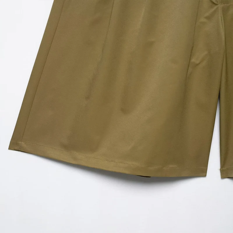 Koekop Women's Fashion Solid Color Lapel Pocket Embellished Shirt and Vintage Casual Women's Funky Ladies Pleated Shorts