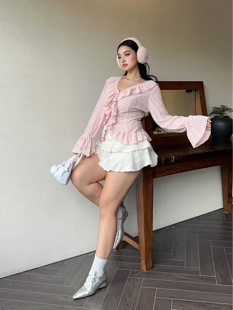 Plus Size Womens Elegant French Ruffle Flared Sleeve Women's Blouse Pink V-Neck Bubble Sleeve Sweetheart