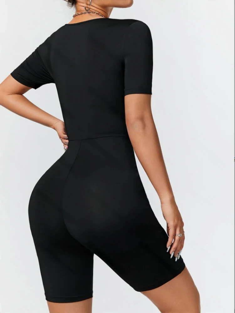Women's Jumpsuit Suitable For All Seasons Slim Fit Simple Knit High Elasticity Square Neck Short Sleeved Top And Shorts Jumpsuit