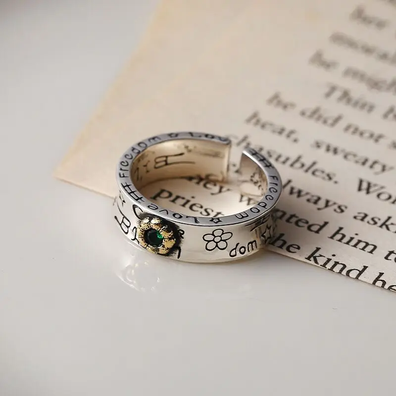 925 Sterling Silver Graffiti Green Zircon Rings For Women Couple Wedding Vintage Luxury Jewelry Accessories Wholesale Jewellery