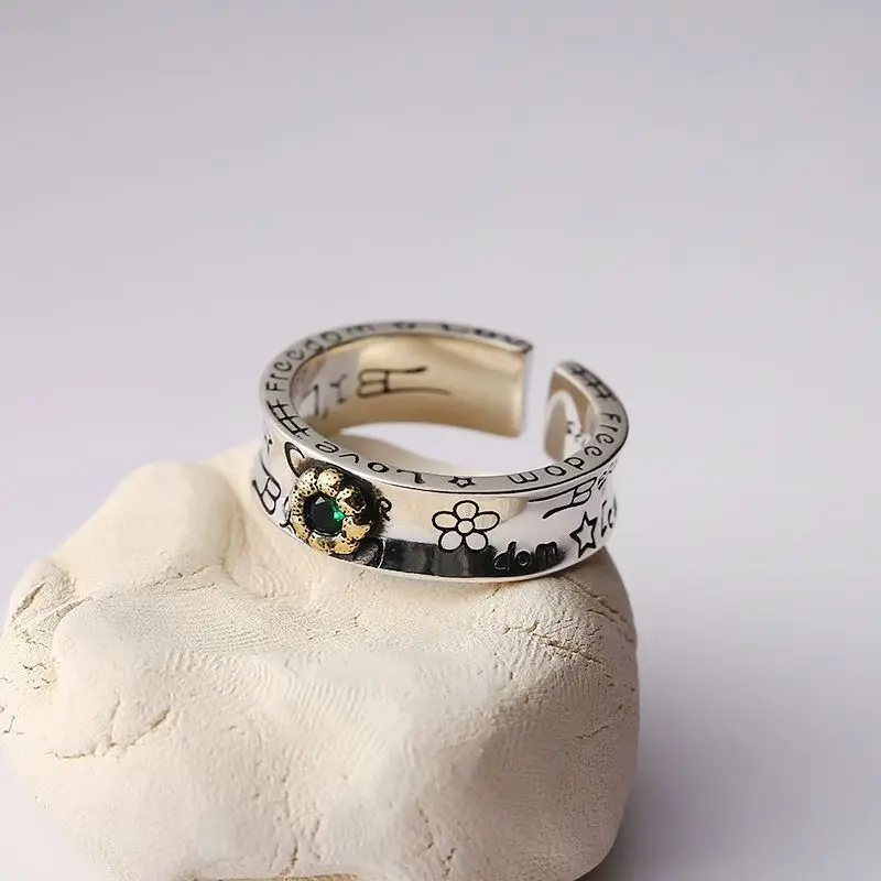 925 Sterling Silver Graffiti Green Zircon Rings For Women Couple Wedding Vintage Luxury Jewelry Accessories Wholesale Jewellery