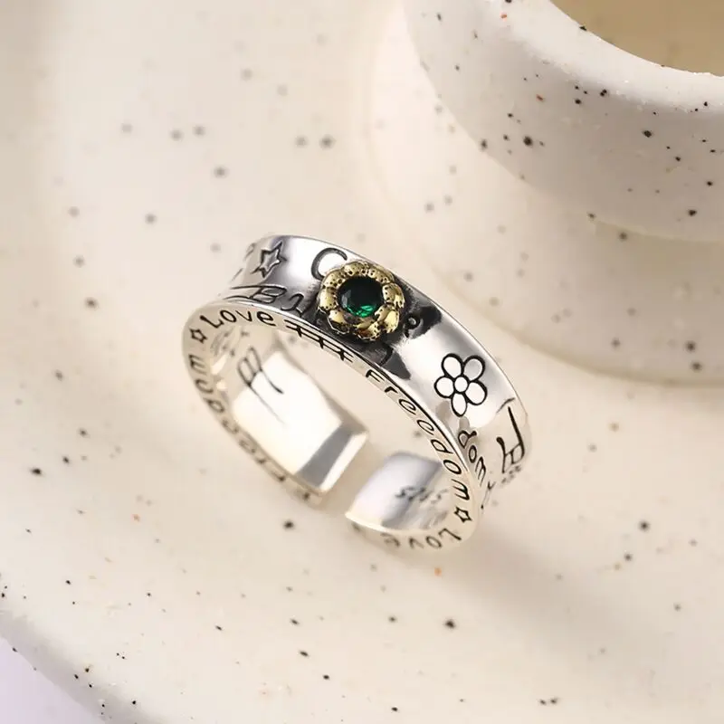 925 Sterling Silver Graffiti Green Zircon Rings For Women Couple Wedding Vintage Luxury Jewelry Accessories Wholesale Jewellery