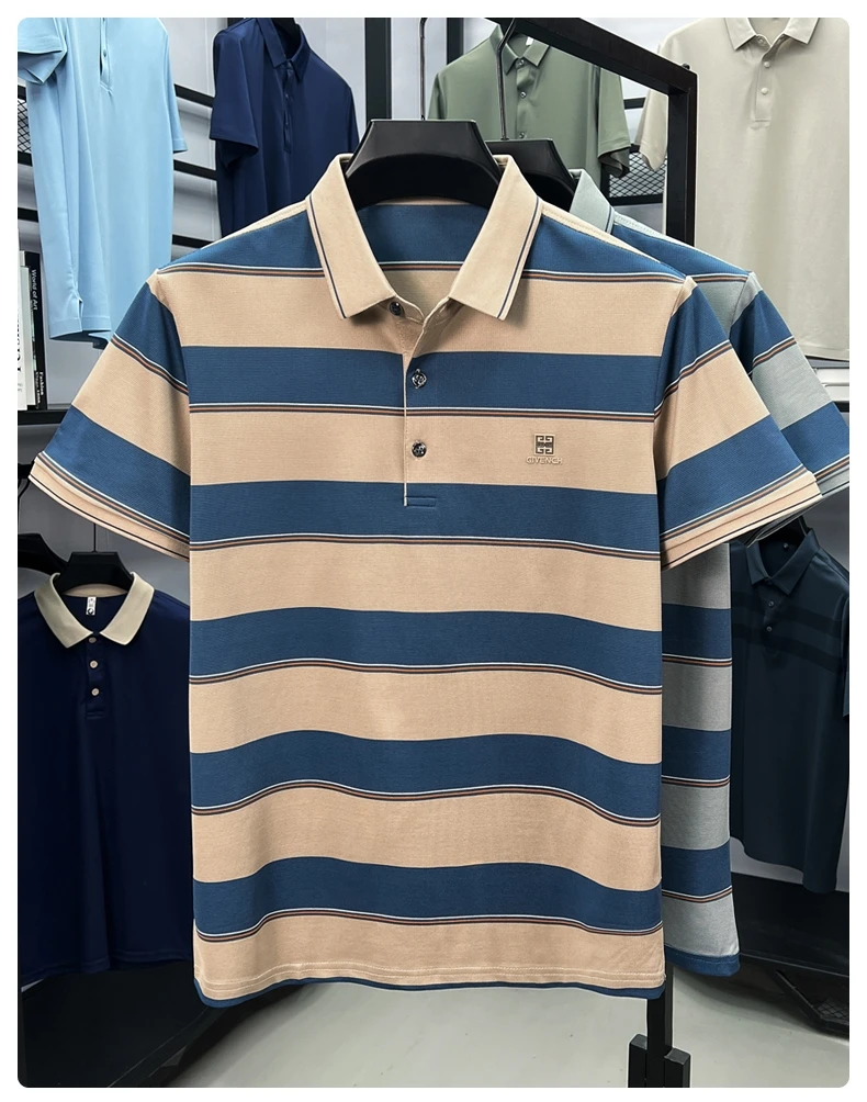 Light luxury striped color blocked short sleeve polo shirt brand symbol emboss high-end casual summer silky smooth men's T-shirt