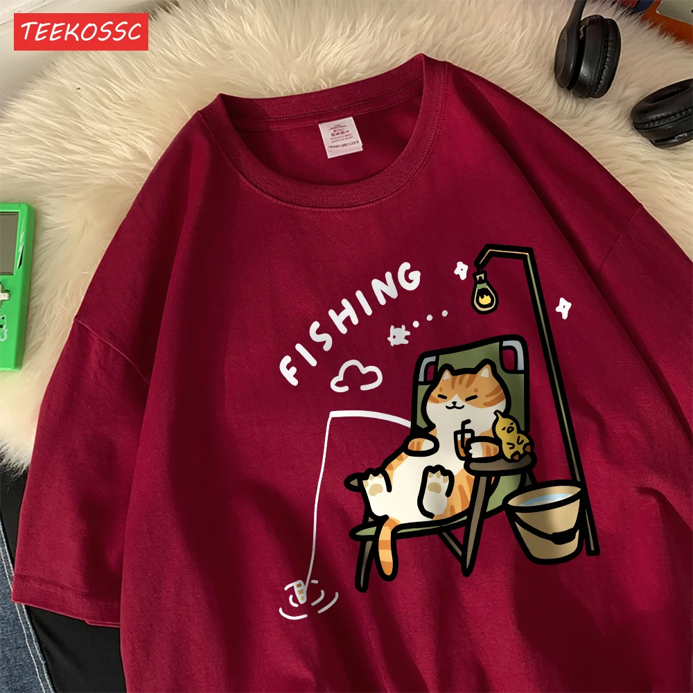 The Kitten Is Fishingcotton Women T-Shirts Cartoons Printing T Shirts Loose O-Neck Soft Short Sleeve Tops Summer Woman Clothes