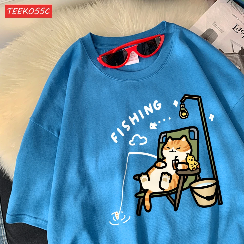 The Kitten Is Fishingcotton Women T-Shirts Cartoons Printing T Shirts Loose O-Neck Soft Short Sleeve Tops Summer Woman Clothes