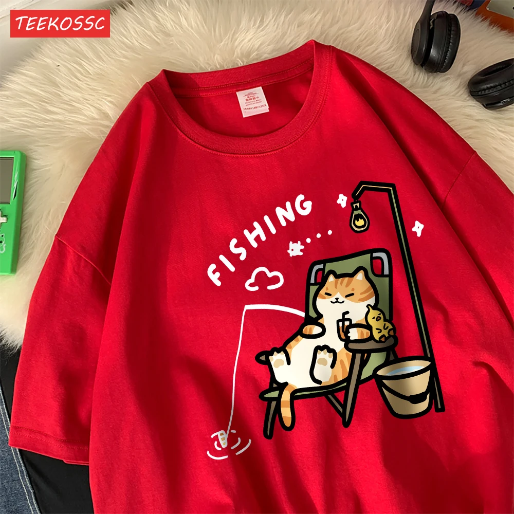 The Kitten Is Fishingcotton Women T-Shirts Cartoons Printing T Shirts Loose O-Neck Soft Short Sleeve Tops Summer Woman Clothes