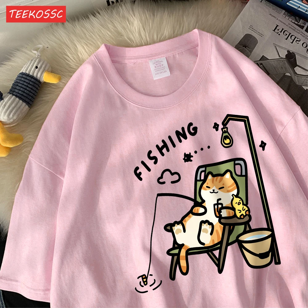 The Kitten Is Fishingcotton Women T-Shirts Cartoons Printing T Shirts Loose O-Neck Soft Short Sleeve Tops Summer Woman Clothes