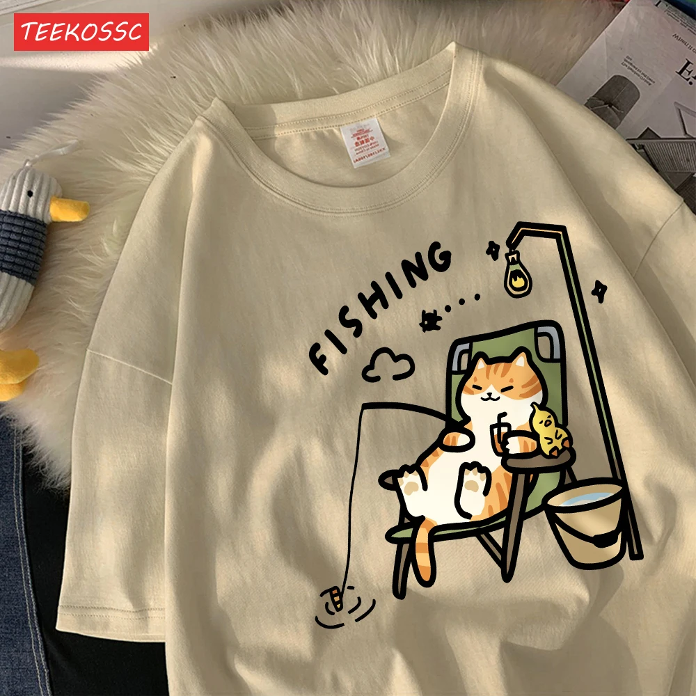 The Kitten Is Fishingcotton Women T-Shirts Cartoons Printing T Shirts Loose O-Neck Soft Short Sleeve Tops Summer Woman Clothes