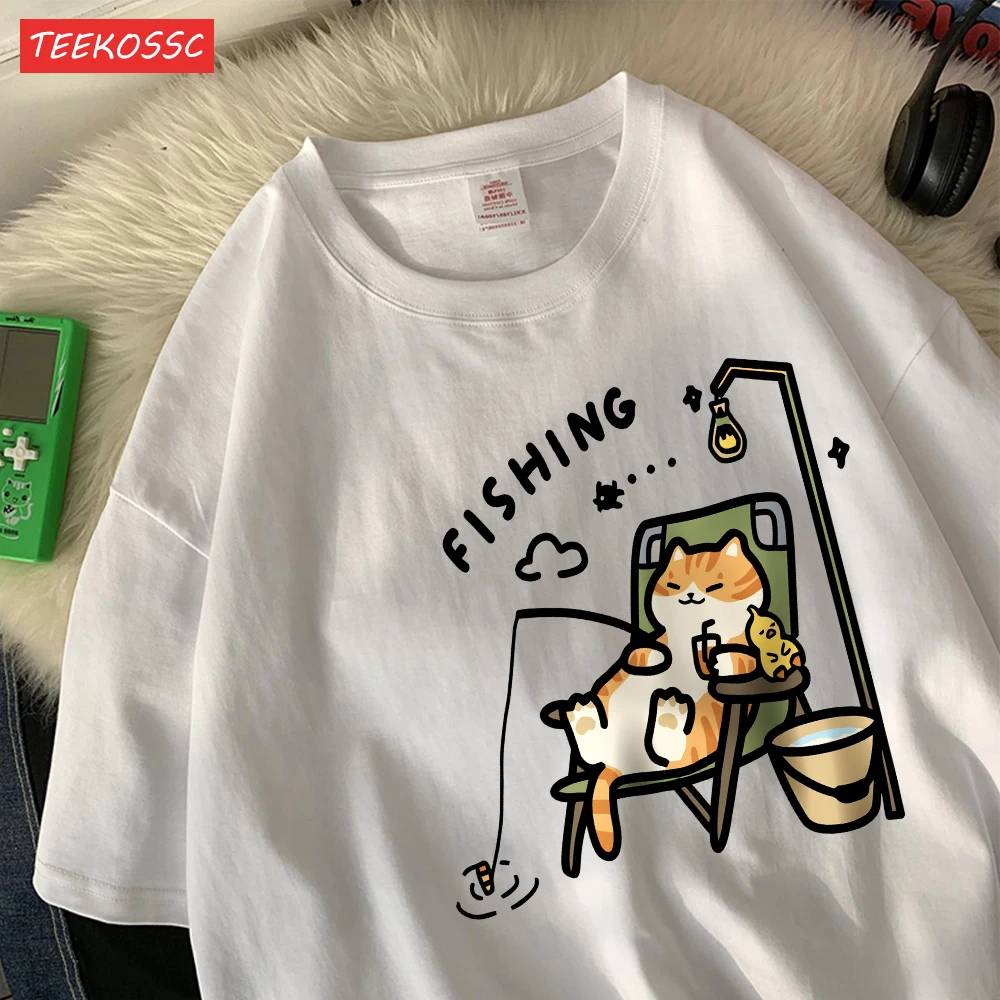 The Kitten Is Fishingcotton Women T-Shirts Cartoons Printing T Shirts Loose O-Neck Soft Short Sleeve Tops Summer Woman Clothes