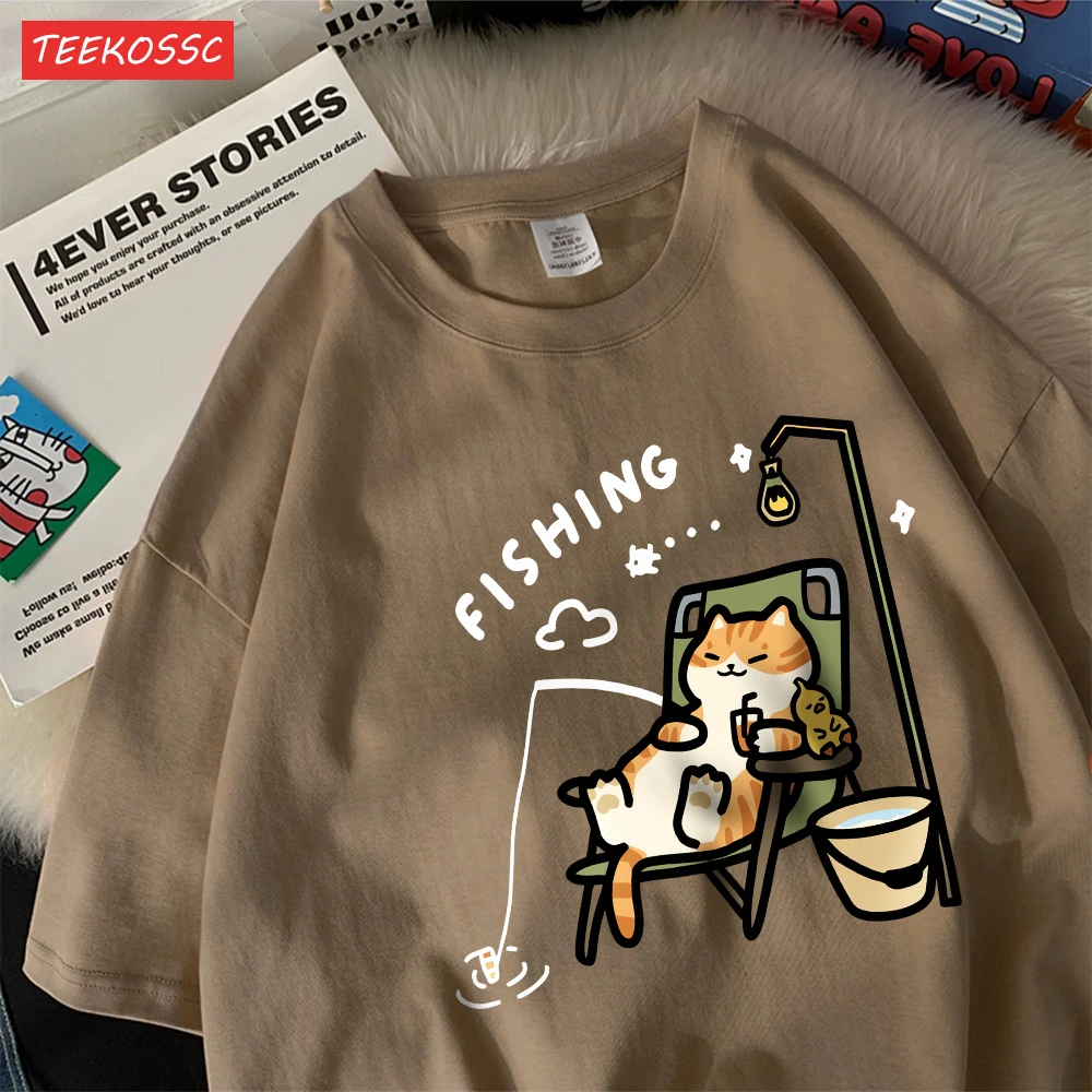 The Kitten Is Fishingcotton Women T-Shirts Cartoons Printing T Shirts Loose O-Neck Soft Short Sleeve Tops Summer Woman Clothes