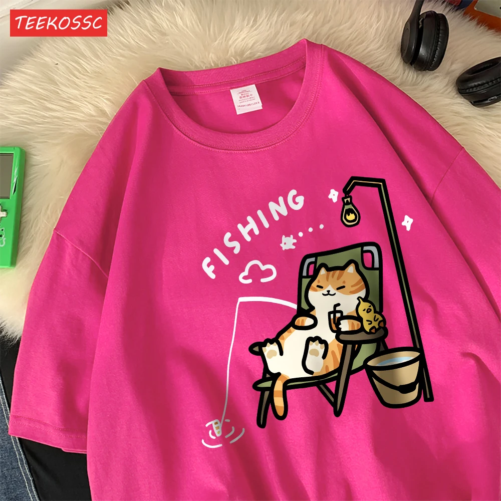The Kitten Is Fishingcotton Women T-Shirts Cartoons Printing T Shirts Loose O-Neck Soft Short Sleeve Tops Summer Woman Clothes