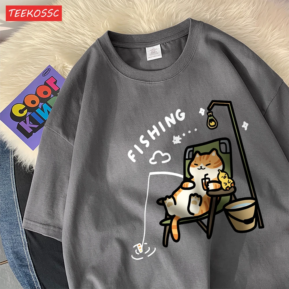 The Kitten Is Fishingcotton Women T-Shirts Cartoons Printing T Shirts Loose O-Neck Soft Short Sleeve Tops Summer Woman Clothes