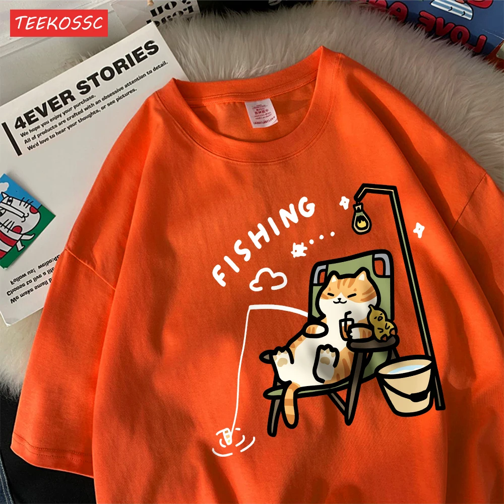 The Kitten Is Fishingcotton Women T-Shirts Cartoons Printing T Shirts Loose O-Neck Soft Short Sleeve Tops Summer Woman Clothes