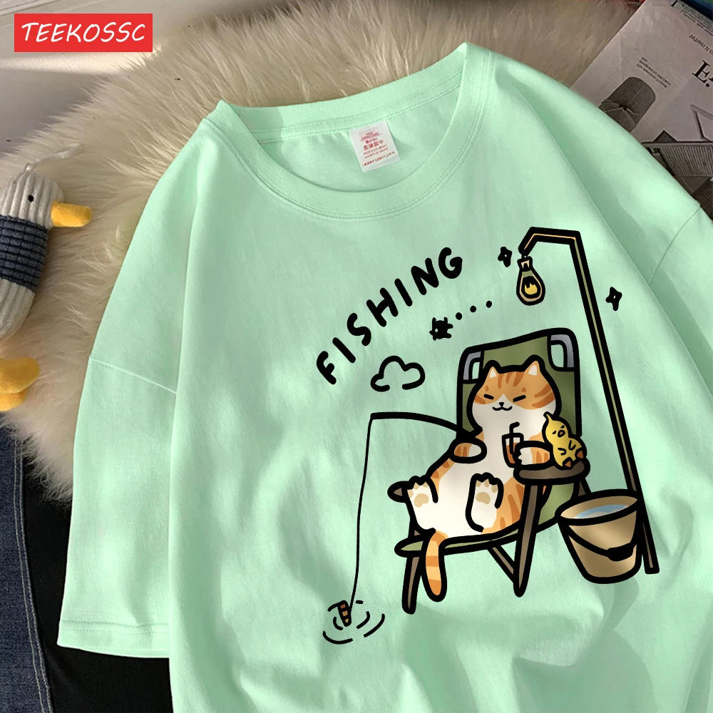 The Kitten Is Fishingcotton Women T-Shirts Cartoons Printing T Shirts Loose O-Neck Soft Short Sleeve Tops Summer Woman Clothes
