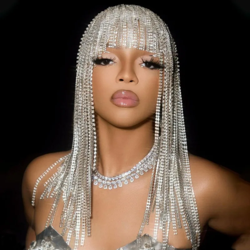 Gorgeous Long Tassel Headpiece Rhinestone Hair Chain Headband Bling Bridal Hat Women Crystal Hollow Head Chain Jewelry