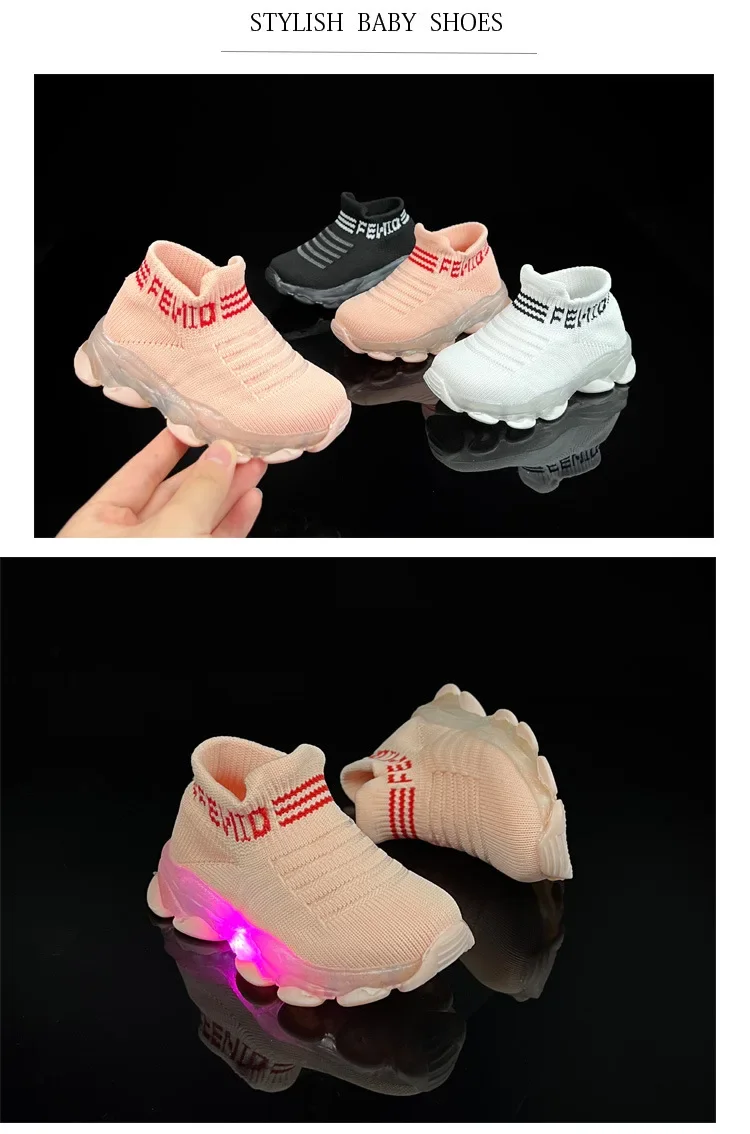 Boys and girls' flying woven sports socks and shoes with LED lights, summer new breathable and elastic children's shoes