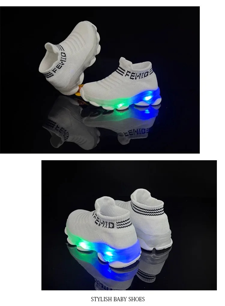 Boys and girls' flying woven sports socks and shoes with LED lights, summer new breathable and elastic children's shoes