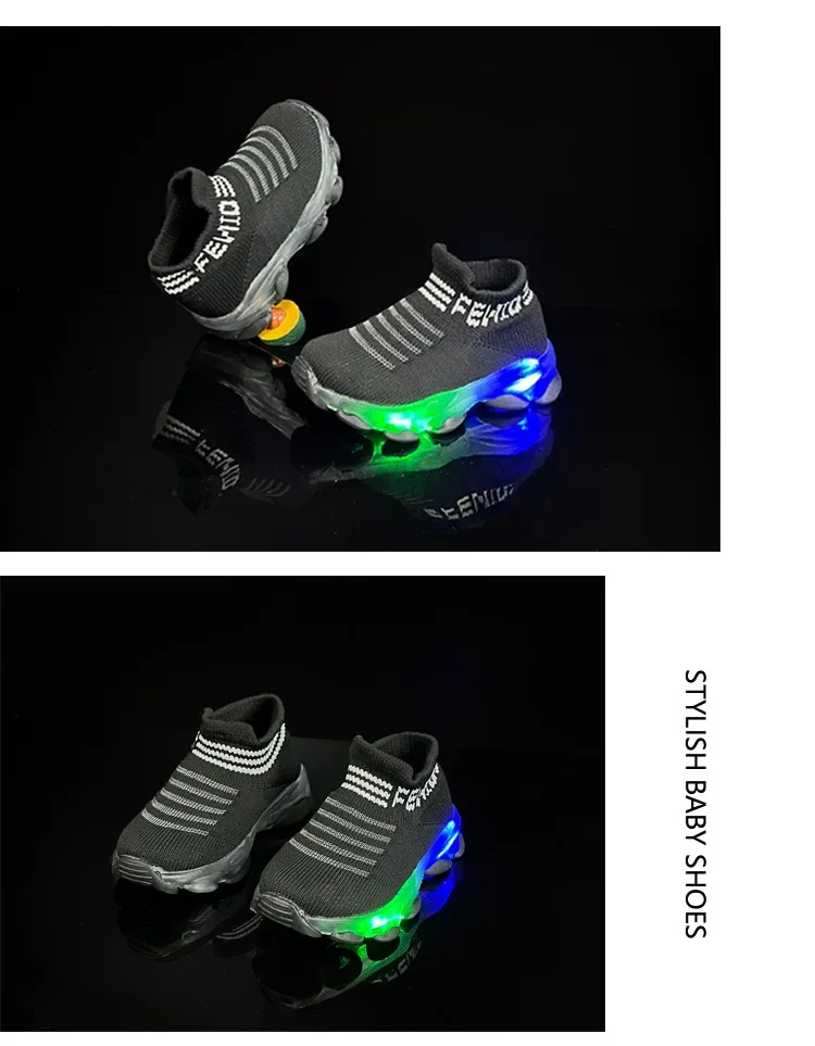 Boys and girls' flying woven sports socks and shoes with LED lights, summer new breathable and elastic children's shoes