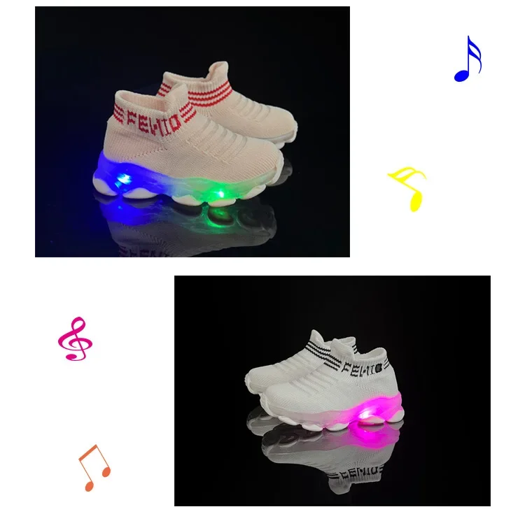 Boys and girls' flying woven sports socks and shoes with LED lights, summer new breathable and elastic children's shoes