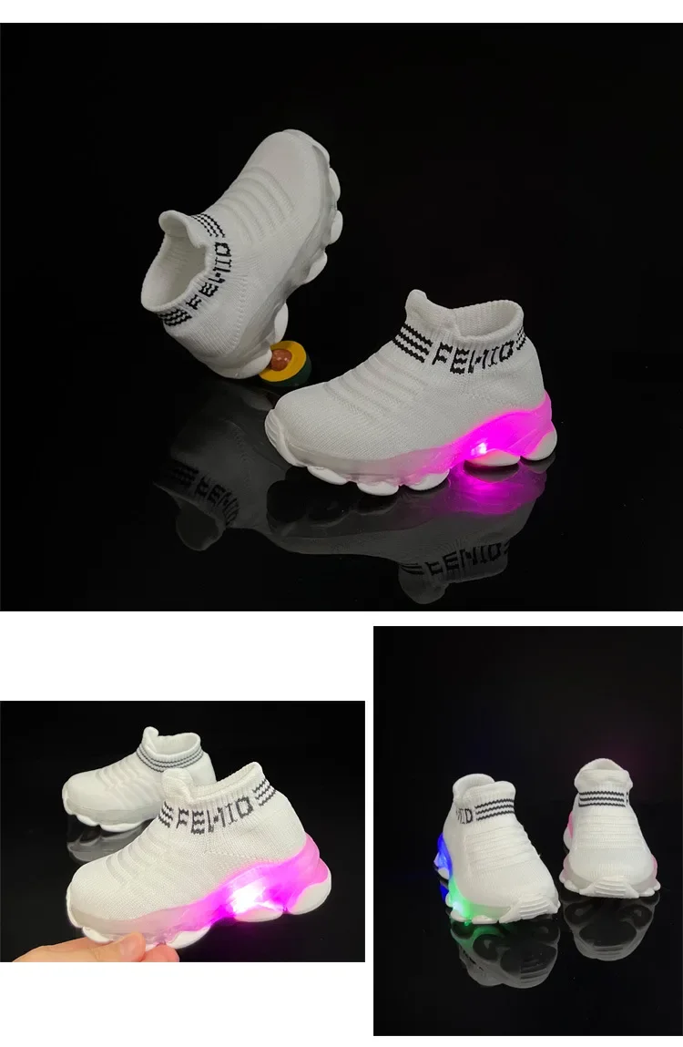 Boys and girls' flying woven sports socks and shoes with LED lights, summer new breathable and elastic children's shoes