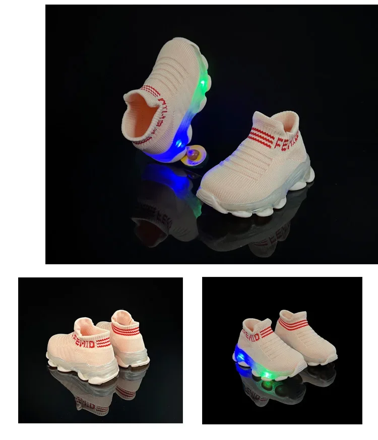 Boys and girls' flying woven sports socks and shoes with LED lights, summer new breathable and elastic children's shoes