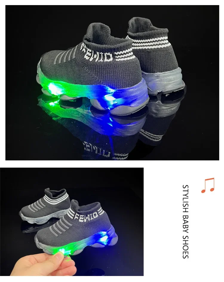 Boys and girls' flying woven sports socks and shoes with LED lights, summer new breathable and elastic children's shoes