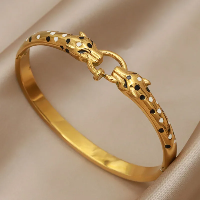 316L Classic Stainless Steel Unique Leopard Open Bracelet for Women Elegant Bangles Rust-proof Animal Bangle Wrist Jewelry