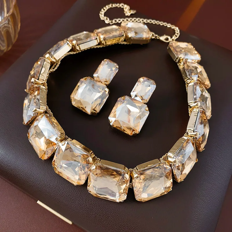 Inlaid Rhinestone Square Earrings Necklace Two-piece Set Fashion Versatile Exaggerated Temperament Light Luxury Accessories Sets