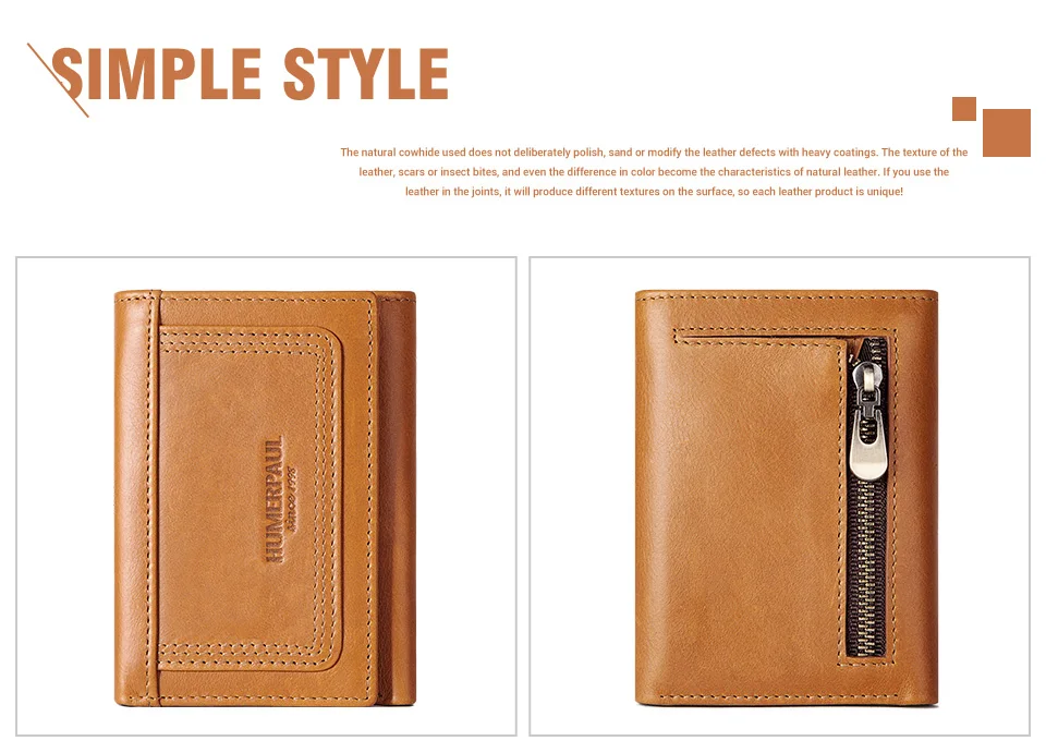 HUMERPAUL Genuine Leather Trifold Short Wallet for Mens High Quality Zipper Coin Pocket Slim RFID Card Holder Money Bags