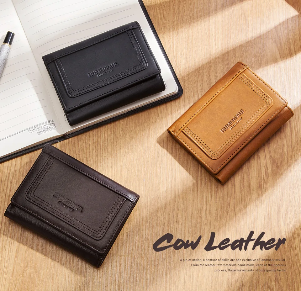 HUMERPAUL Genuine Leather Trifold Short Wallet for Mens High Quality Zipper Coin Pocket Slim RFID Card Holder Money Bags