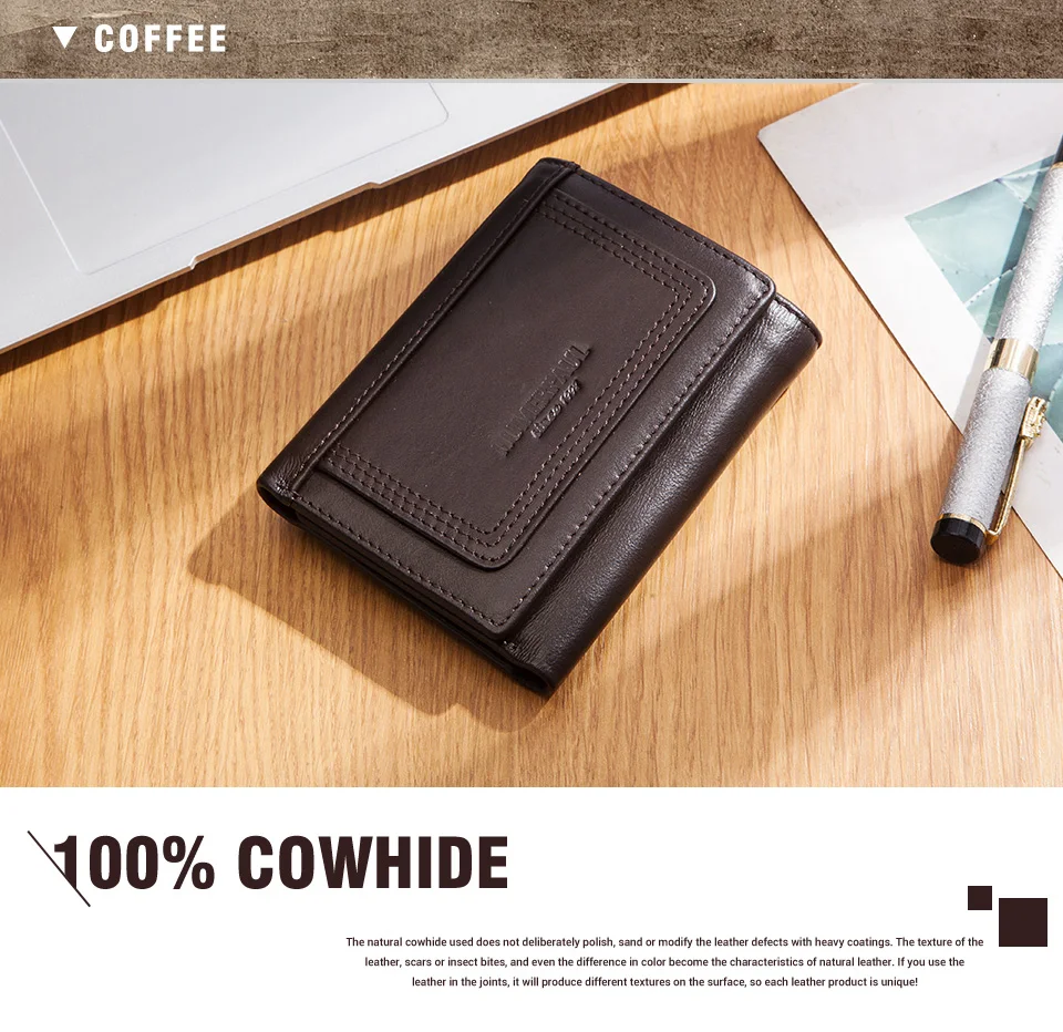 HUMERPAUL Genuine Leather Trifold Short Wallet for Mens High Quality Zipper Coin Pocket Slim RFID Card Holder Money Bags