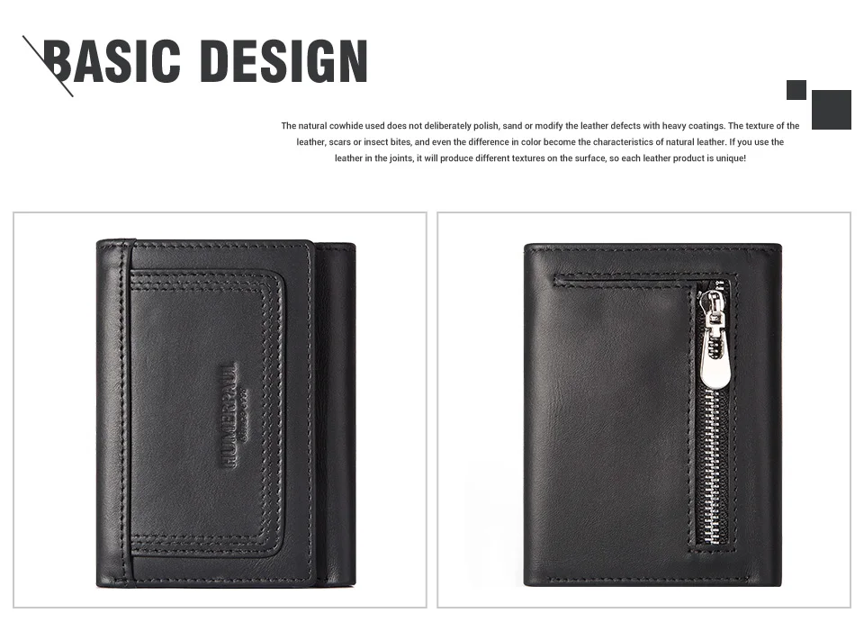 HUMERPAUL Genuine Leather Trifold Short Wallet for Mens High Quality Zipper Coin Pocket Slim RFID Card Holder Money Bags