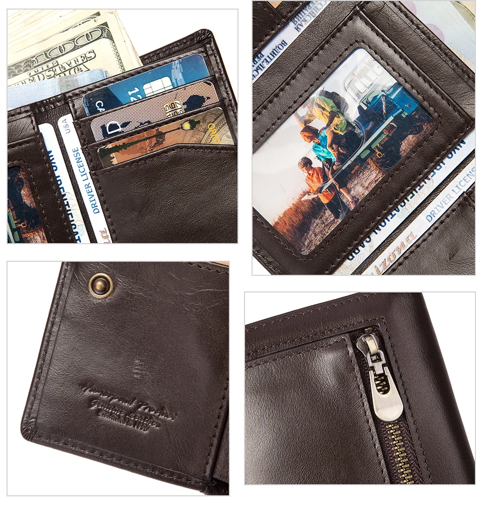 HUMERPAUL Genuine Leather Trifold Short Wallet for Mens High Quality Zipper Coin Pocket Slim RFID Card Holder Money Bags