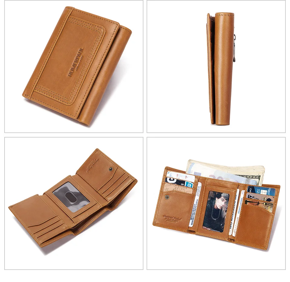 HUMERPAUL Genuine Leather Trifold Short Wallet for Mens High Quality Zipper Coin Pocket Slim RFID Card Holder Money Bags