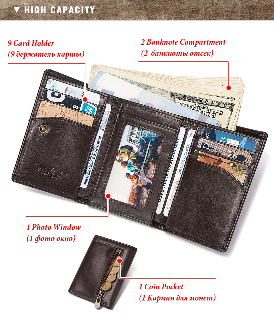 HUMERPAUL Genuine Leather Trifold Short Wallet for Mens High Quality Zipper Coin Pocket Slim RFID Card Holder Money Bags