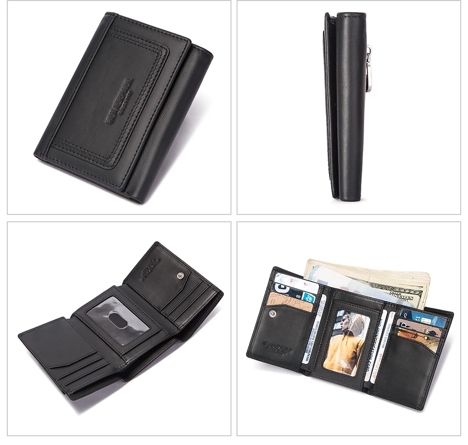 HUMERPAUL Genuine Leather Trifold Short Wallet for Mens High Quality Zipper Coin Pocket Slim RFID Card Holder Money Bags