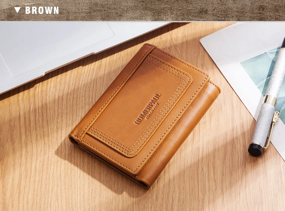 HUMERPAUL Genuine Leather Trifold Short Wallet for Mens High Quality Zipper Coin Pocket Slim RFID Card Holder Money Bags