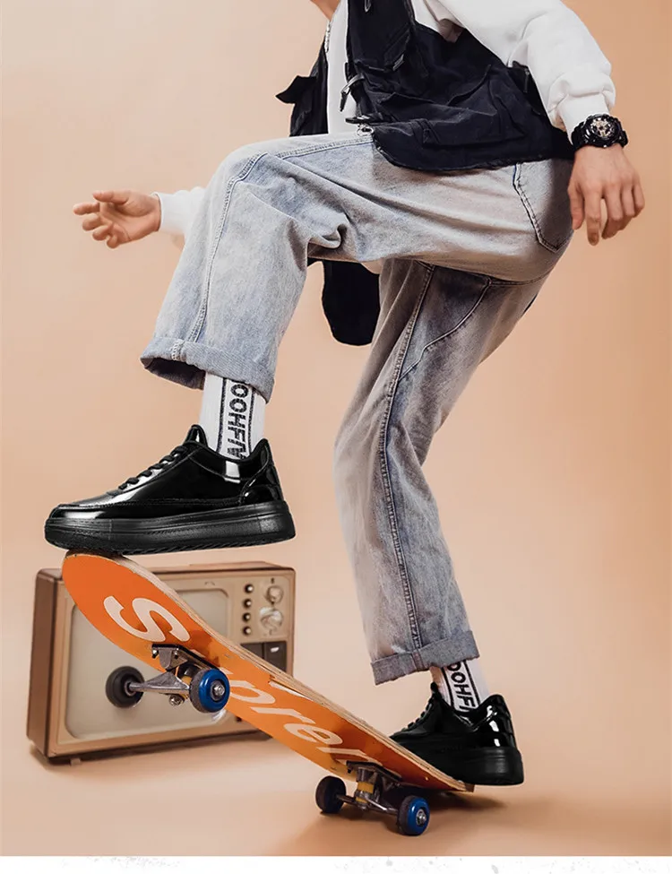 Patent Leather Black Men's Sneakers Fashion Casual Platform Shoes For Men Designer Hip Hop Sneakers Men zapatillas informales