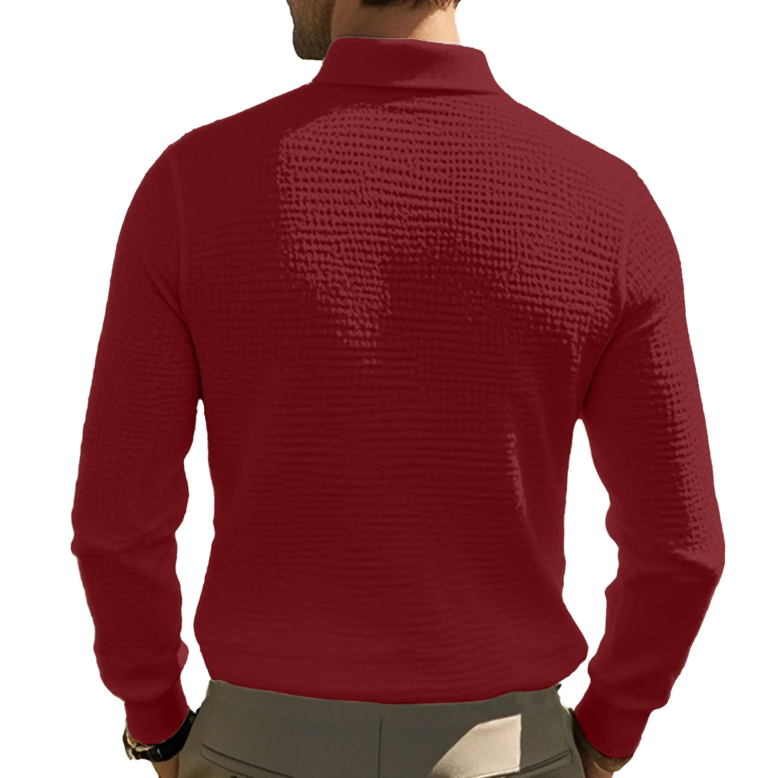 New Cross-Border Men's Autumn and Winter Waffle Lapel Button-Up Long-Sleeved Casual Polo Shirt T-Shirt