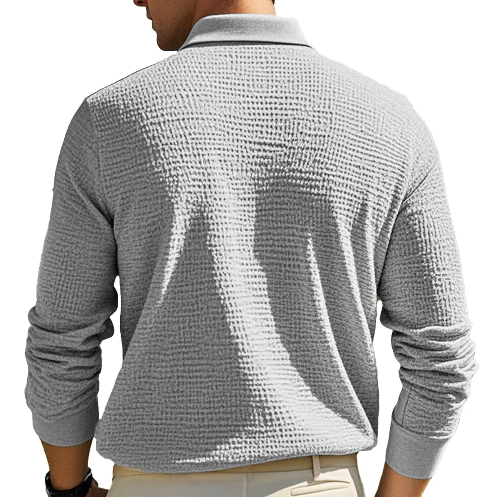 New Cross-Border Men's Autumn and Winter Waffle Lapel Button-Up Long-Sleeved Casual Polo Shirt T-Shirt