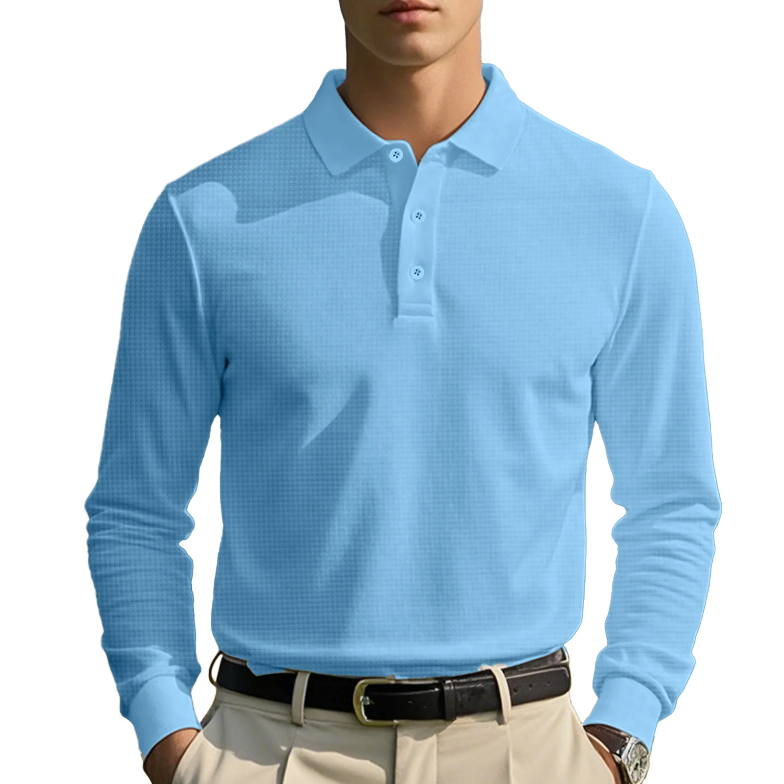 New Cross-Border Men's Autumn and Winter Waffle Lapel Button-Up Long-Sleeved Casual Polo Shirt T-Shirt