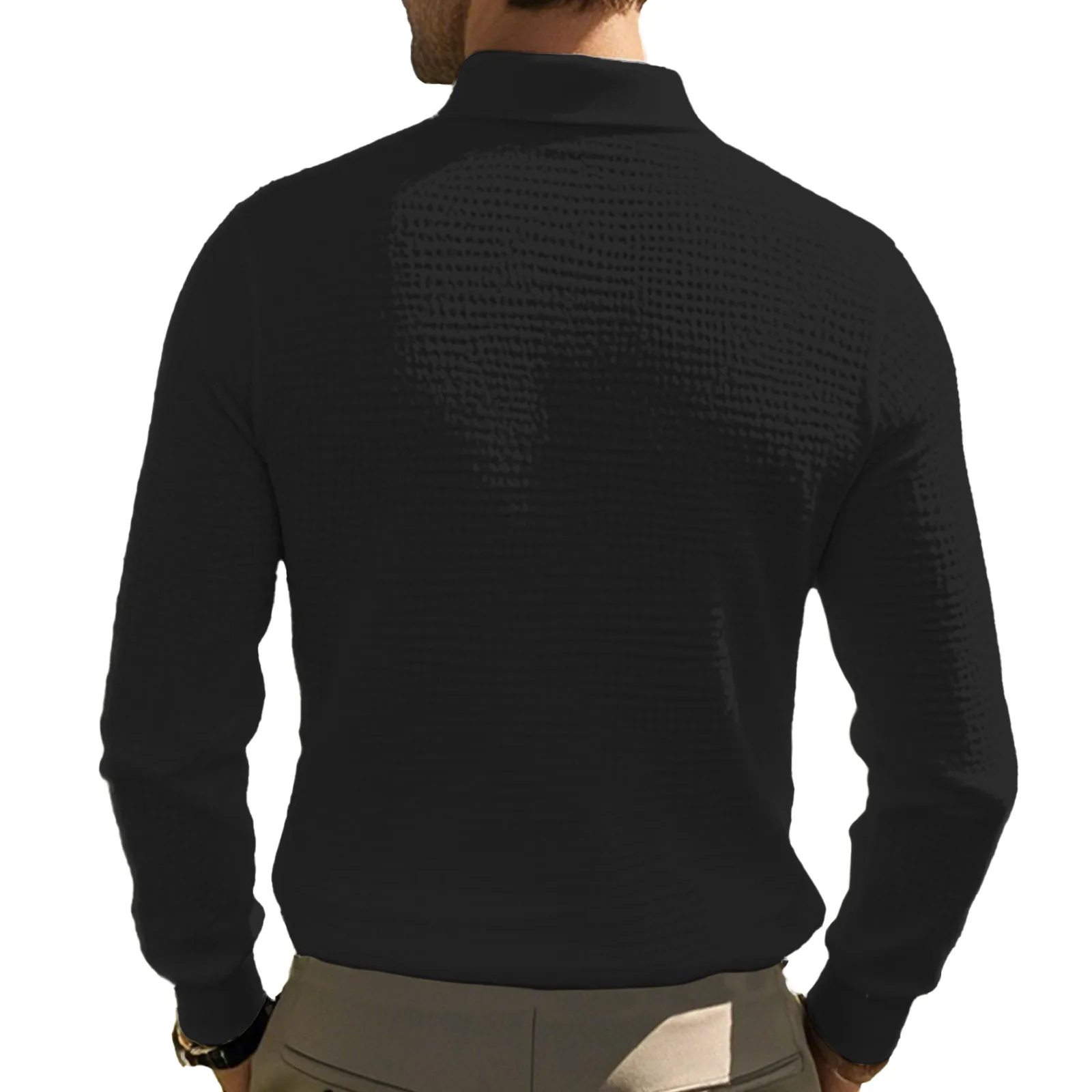 New Cross-Border Men's Autumn and Winter Waffle Lapel Button-Up Long-Sleeved Casual Polo Shirt T-Shirt