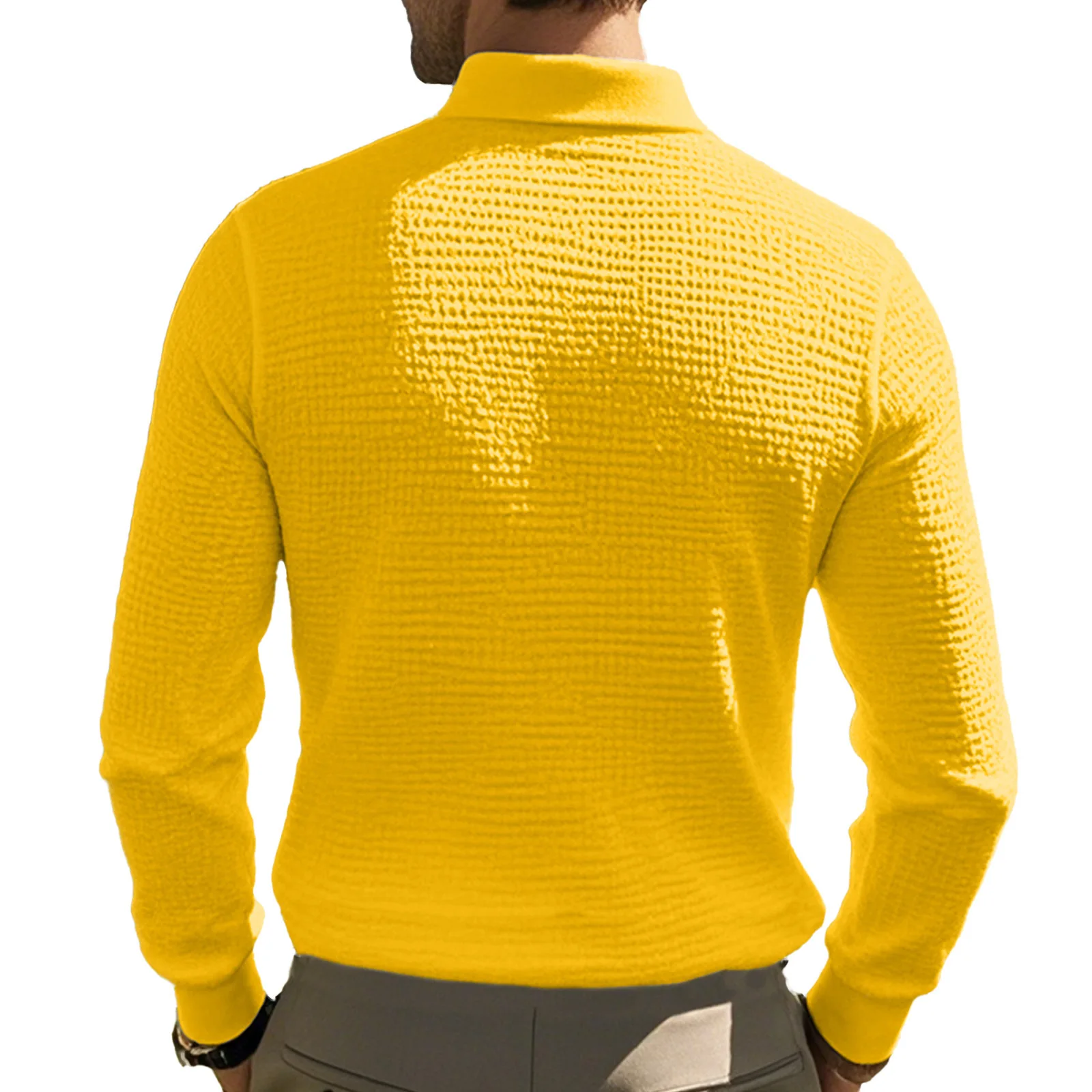 New Cross-Border Men's Autumn and Winter Waffle Lapel Button-Up Long-Sleeved Casual Polo Shirt T-Shirt