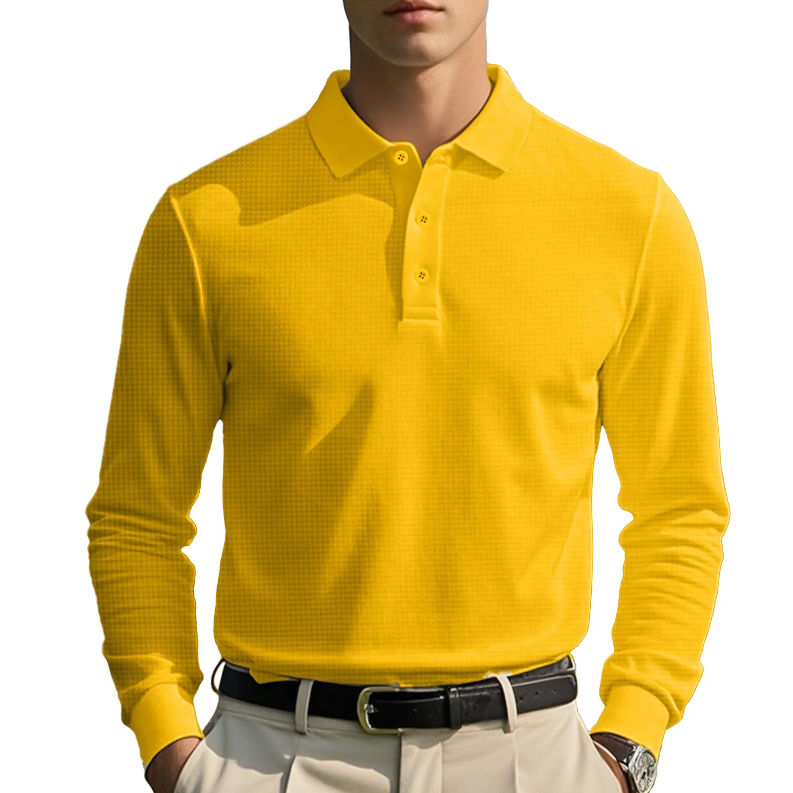 New Cross-Border Men's Autumn and Winter Waffle Lapel Button-Up Long-Sleeved Casual Polo Shirt T-Shirt