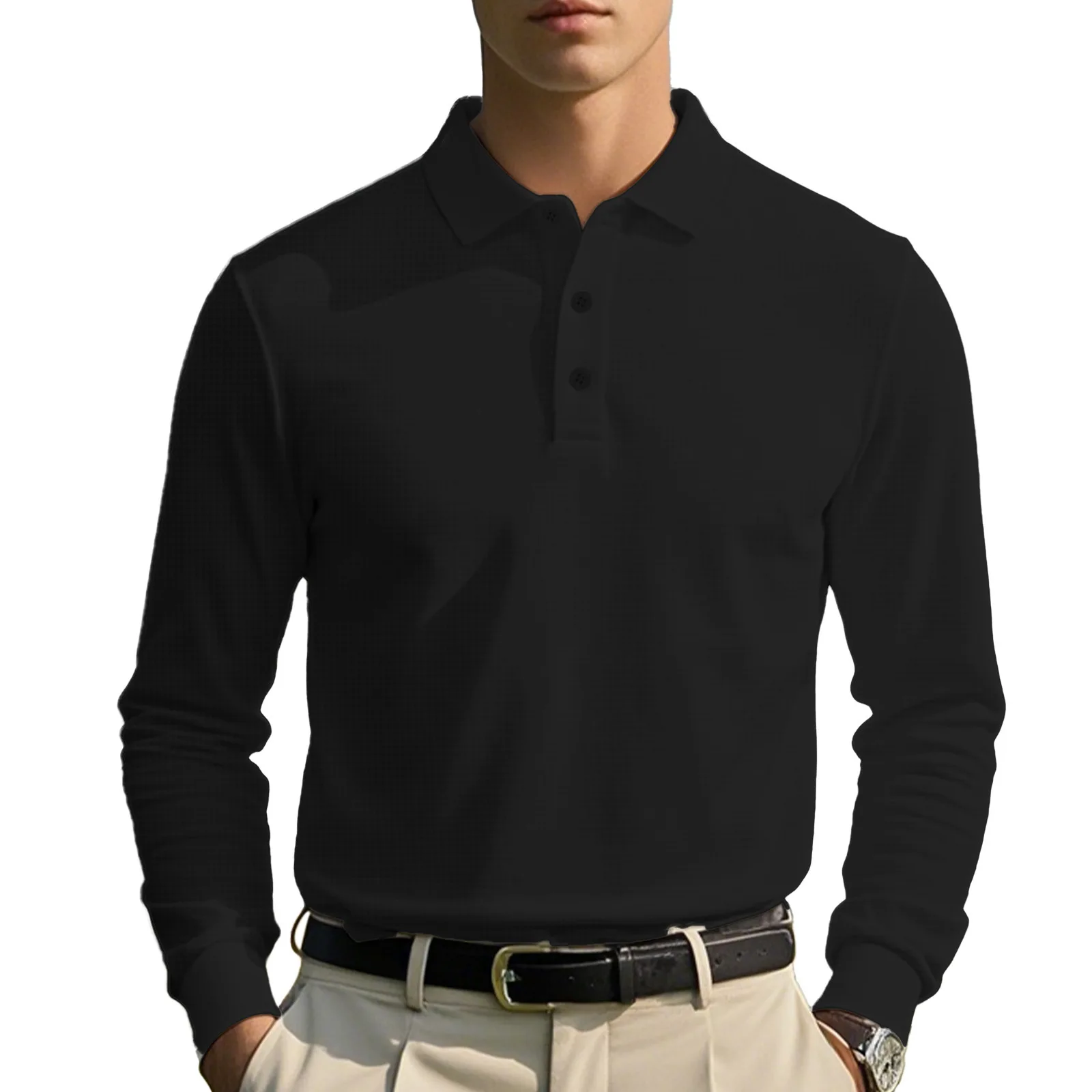 New Cross-Border Men's Autumn and Winter Waffle Lapel Button-Up Long-Sleeved Casual Polo Shirt T-Shirt