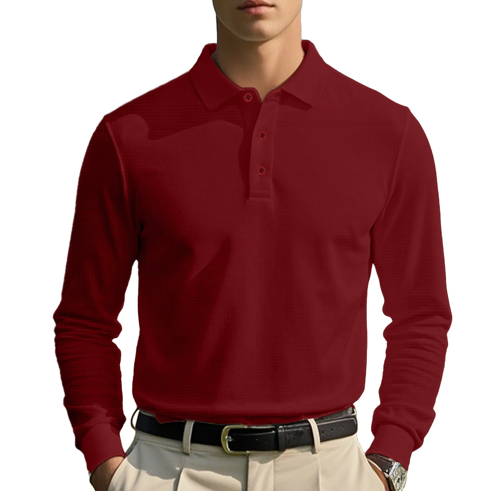 New Cross-Border Men's Autumn and Winter Waffle Lapel Button-Up Long-Sleeved Casual Polo Shirt T-Shirt
