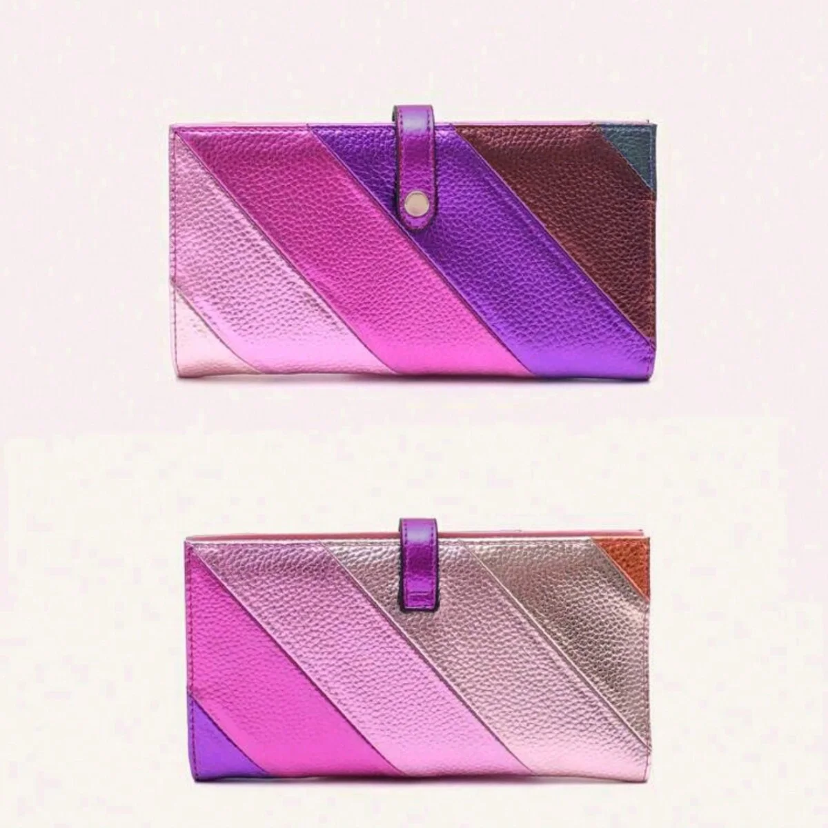 Women's Fashion Elegant PU Leather Long Wallet Colorful Stripe Stitching Zipper Pocket Card Holder, Bifold