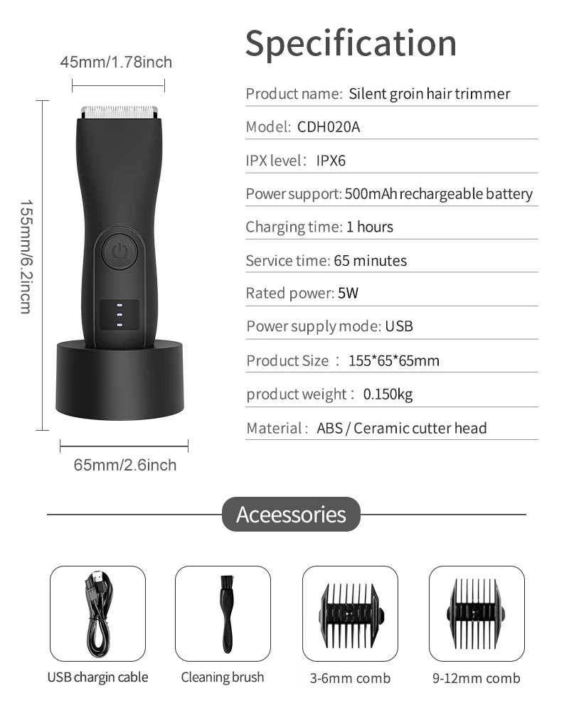 Men's IPX7 Ball Trimmer,Waterproof, Lighted, Ceramic Blade. Grooms Pubic, Body & Groin. USB-C, No Nicks. Gift for Him/Dad.