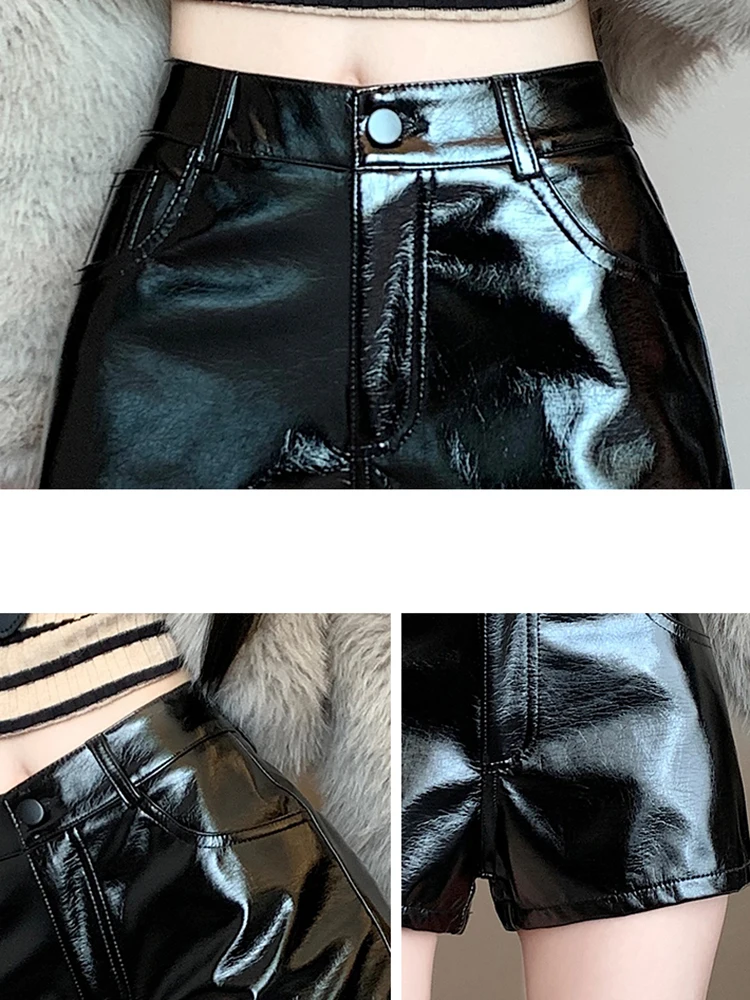 American Retro Sexy Pu Leather Shorts Womens 2024 Autumn Winter Black Hotsweet Bright Short Pants Female